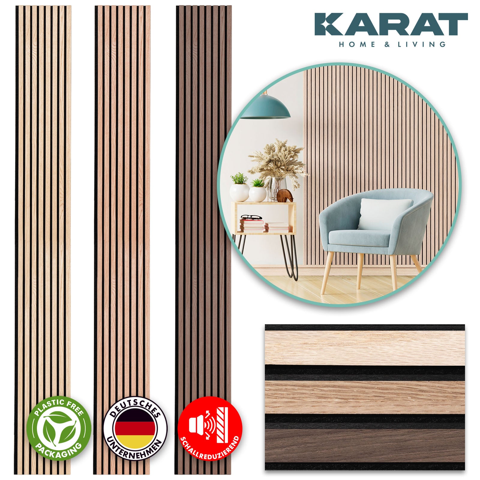 Panneaux acoustiques imitation bois | Design intemporel pour une acoustique agréable dans la pièce | Disponible en 3 designs et 2 tailles