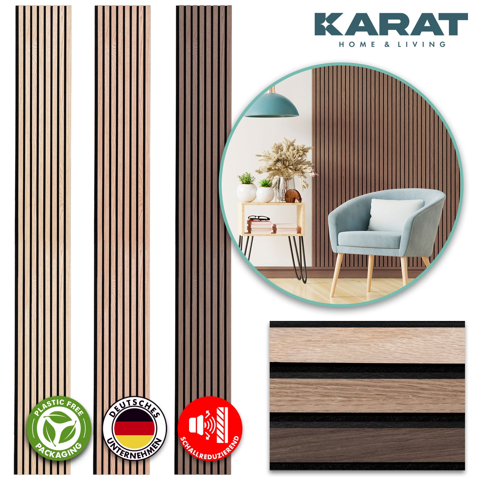 Panneaux acoustiques imitation bois | Design intemporel pour une acoustique agréable dans la pièce | Disponible en 3 designs et 2 tailles