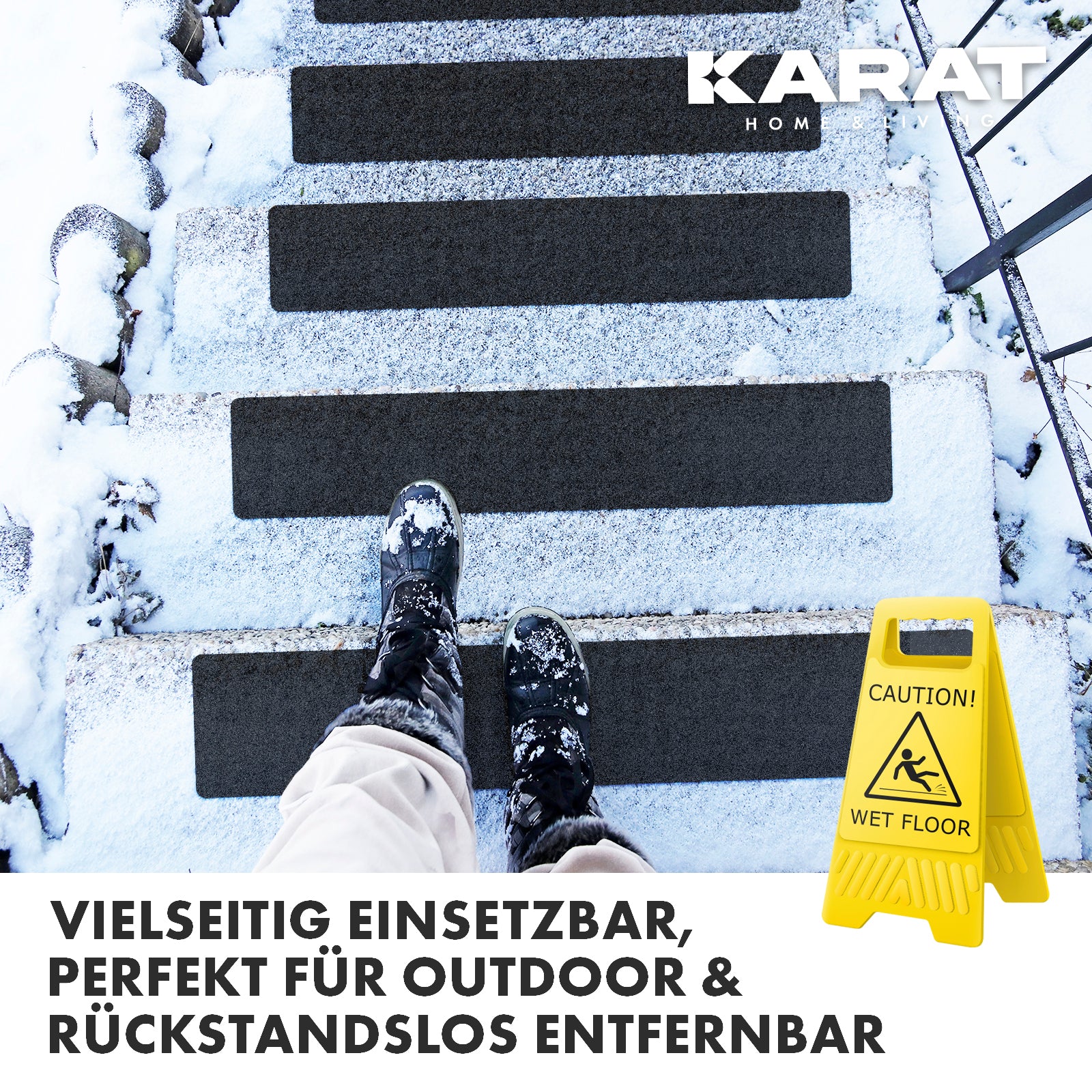 Bandes antidérapantes pour escaliers | Nicu | Surface rugueuse | Autocollantes | Set de 15 pièces avec rouleau de montage | Noir | 10 x 61 cm