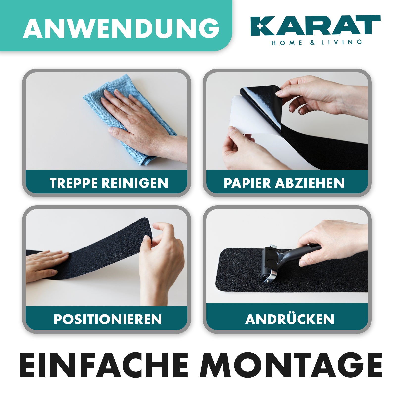 Bandes antidérapantes pour escaliers | Nicu | Surface rugueuse | Autocollantes | Set de 15 pièces avec rouleau de montage | Noir | 10 x 61 cm