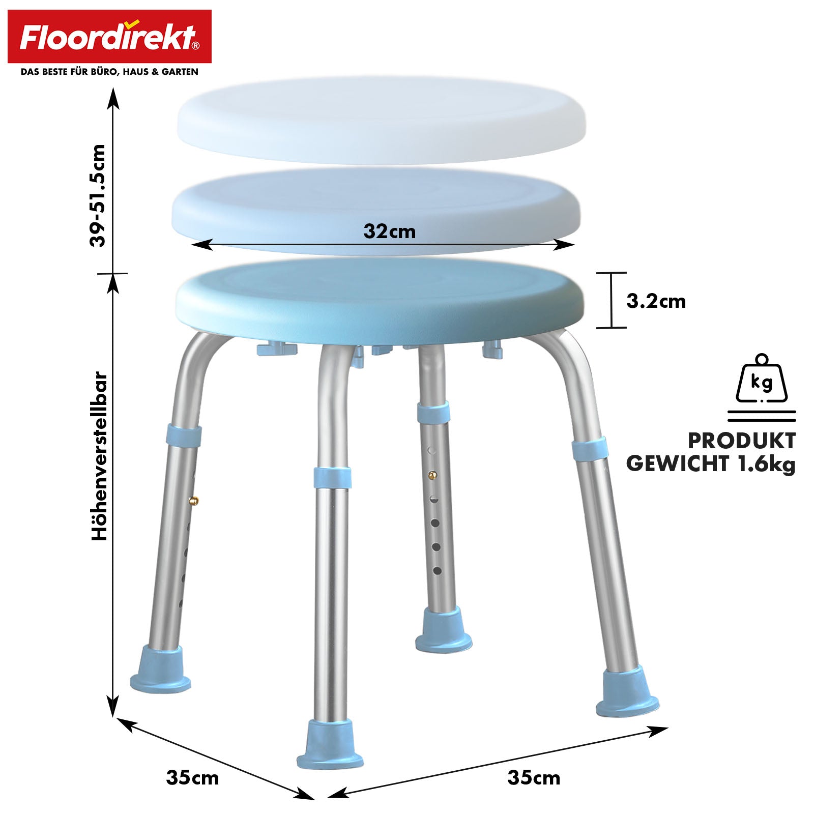 Tabouret de douche et de bain | Pedro | Réglable en hauteur & pivotant à 360° | Antidérapant & supporte jusqu'à 150 kg