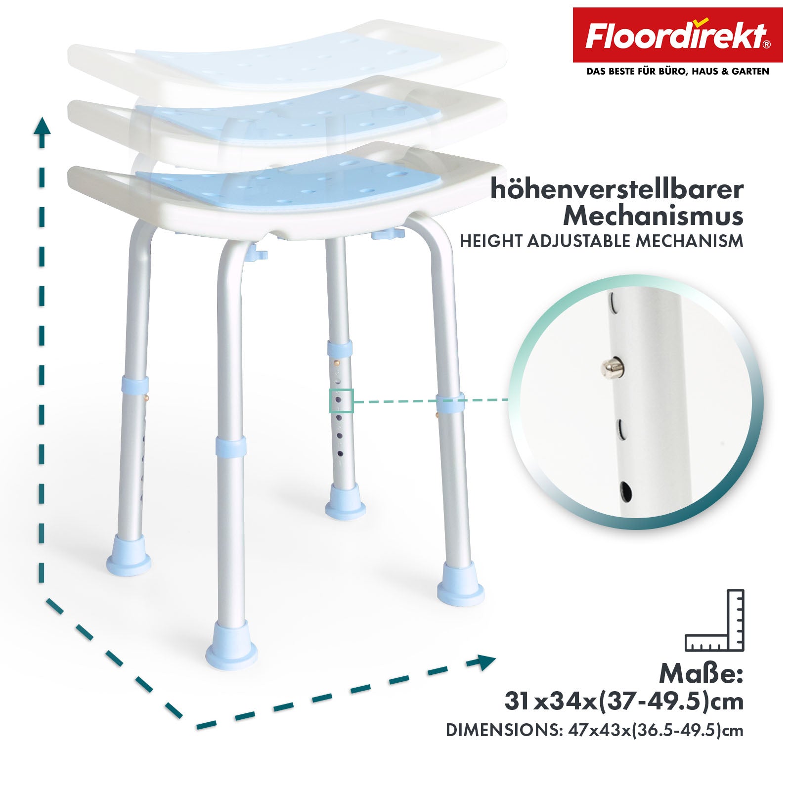 Tabouret de douche et de bain | Nora | Siège réglable en hauteur, antidérapant et durable pour le bain et la douche
