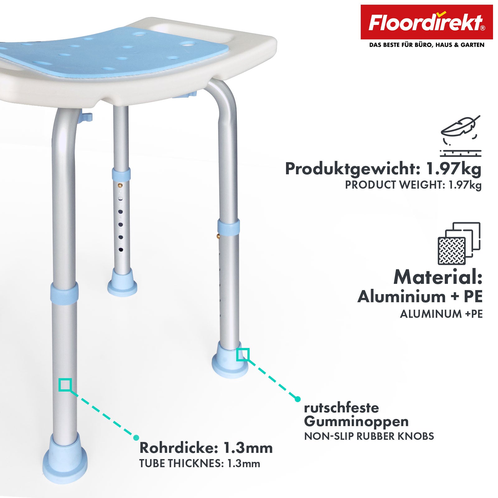 Tabouret de douche et de bain | Nora | Siège réglable en hauteur, antidérapant et durable pour le bain et la douche