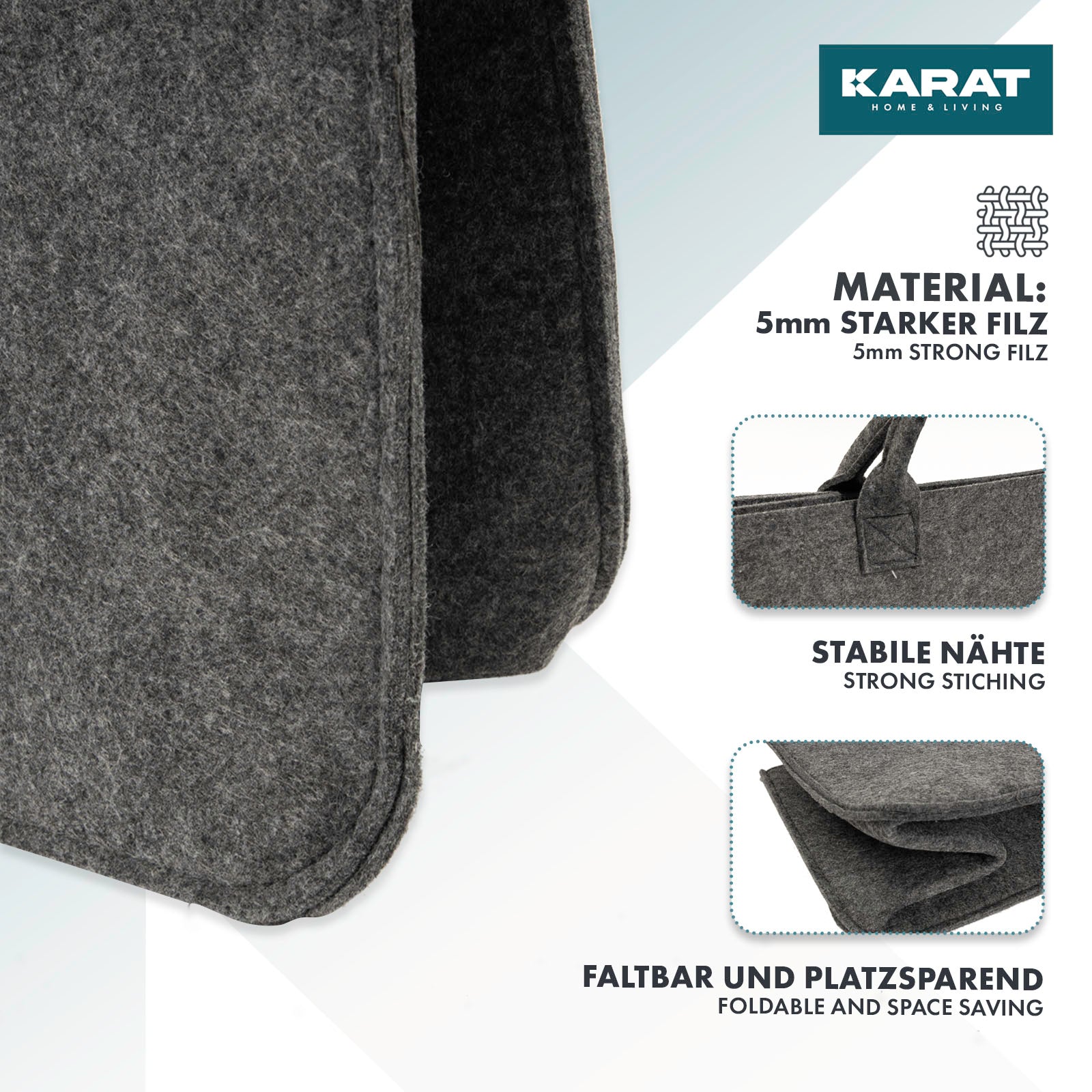Sac en feutre Conny | Sac à bois de cheminée | Sac à provisions | Pliable | Set de 2 ou 4 pièces