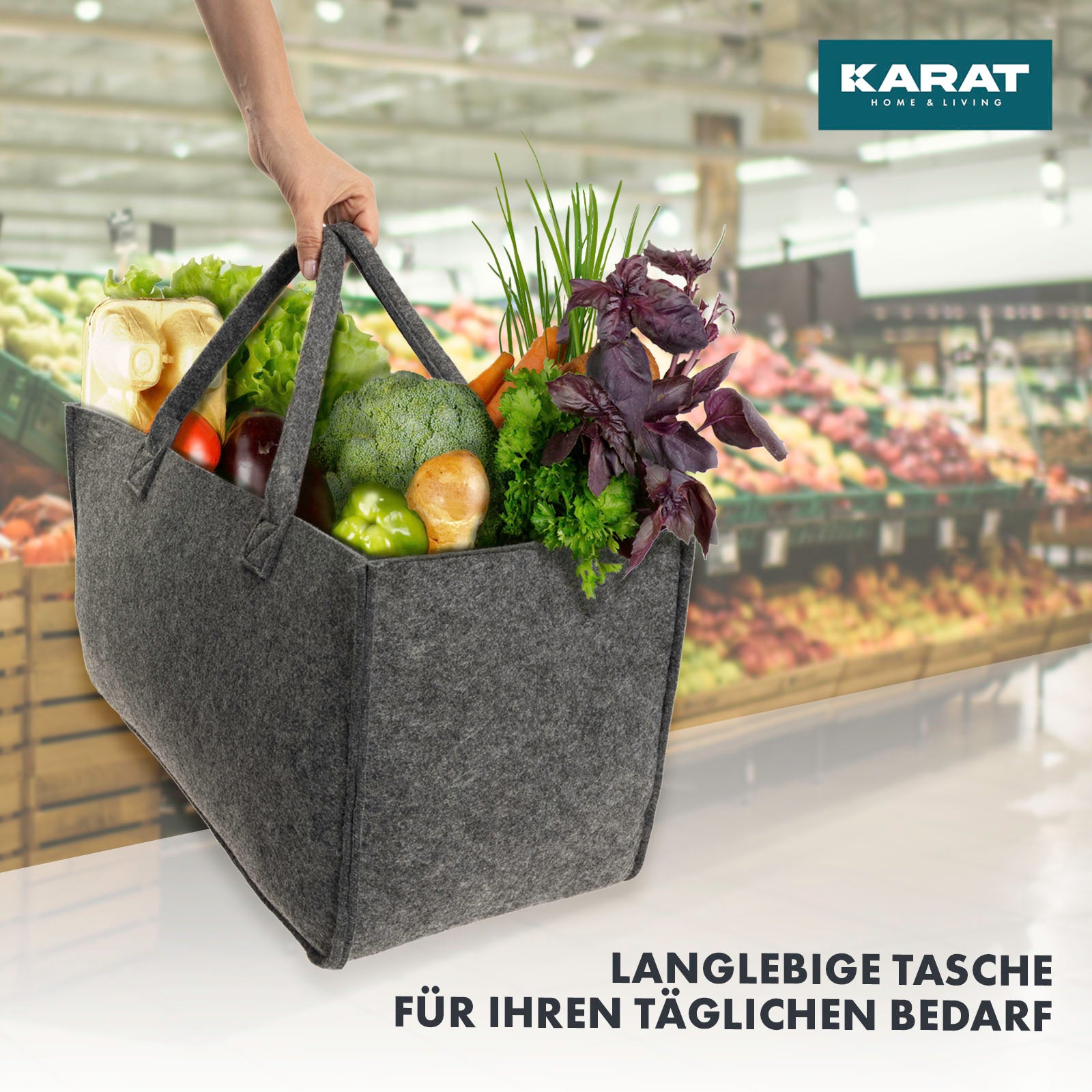 Sac en feutre Conny | Sac à bois de cheminée | Sac à provisions | Pliable | Set de 2 ou 4 pièces