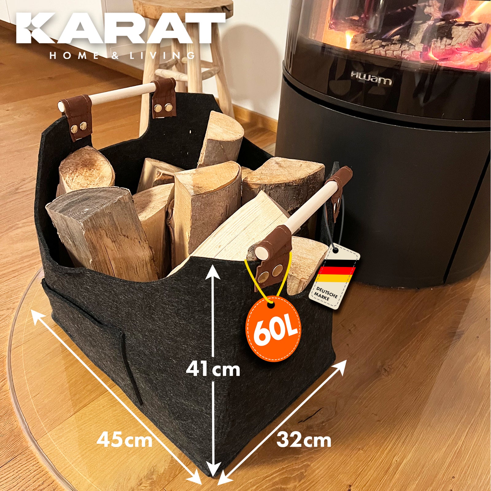 Sac en feutre Vesta | Sac à bois de cheminée | Sac à provisions | Pliable | Poignée renforcée