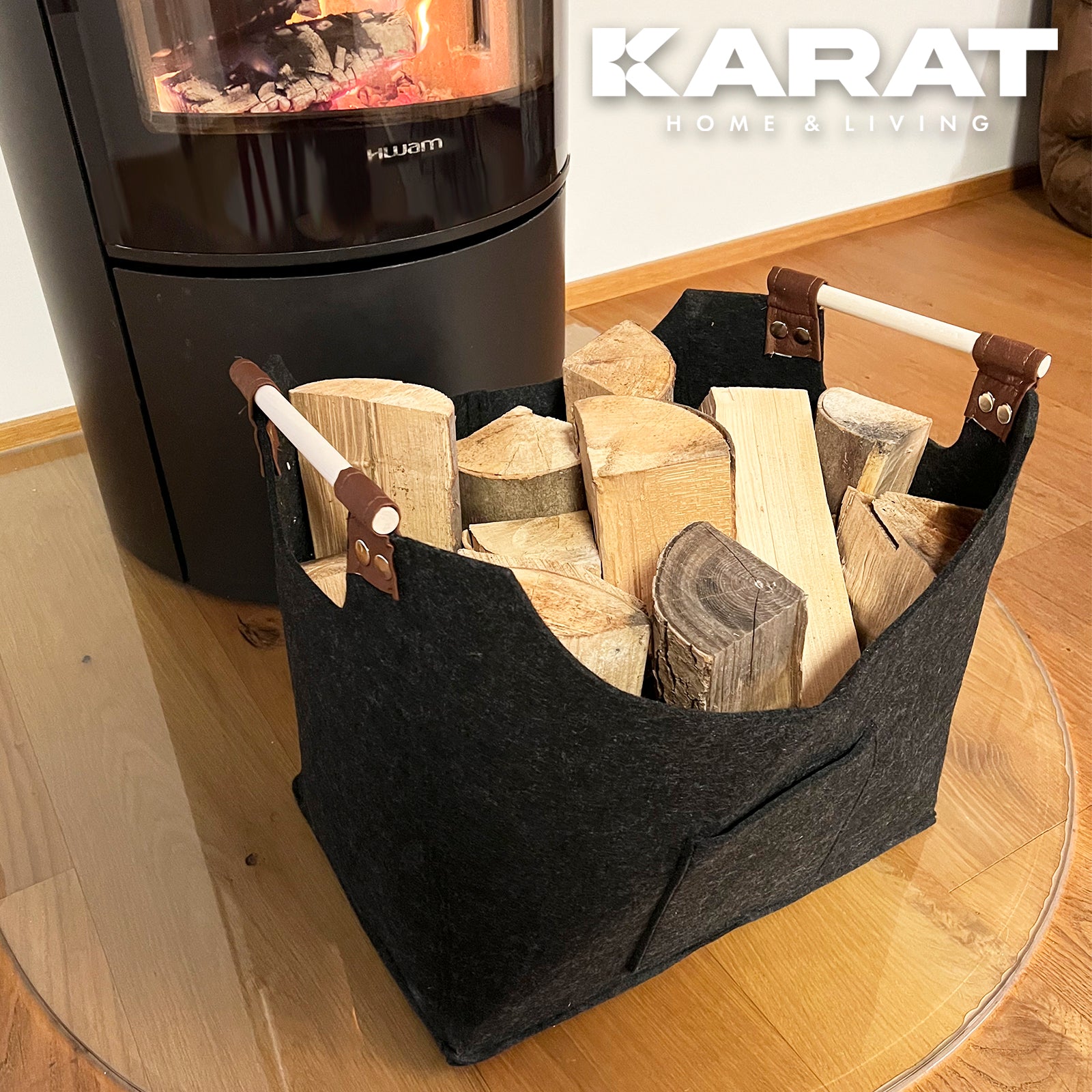 Sac en feutre Vesta | Sac à bois de cheminée | Sac à provisions | Pliable | Poignée renforcée