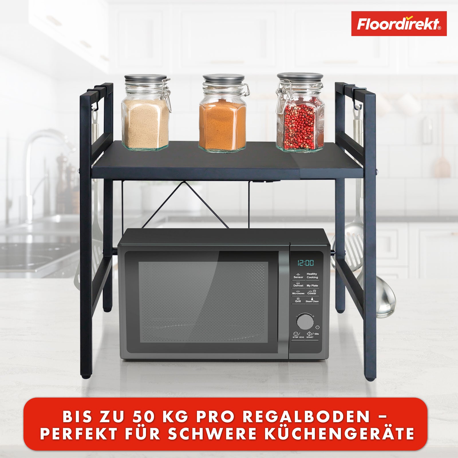 Etagère pour micro-ondes | Durango | Organisateur de cuisine réglable avec 3 crochets | Disponible en 2 tailles