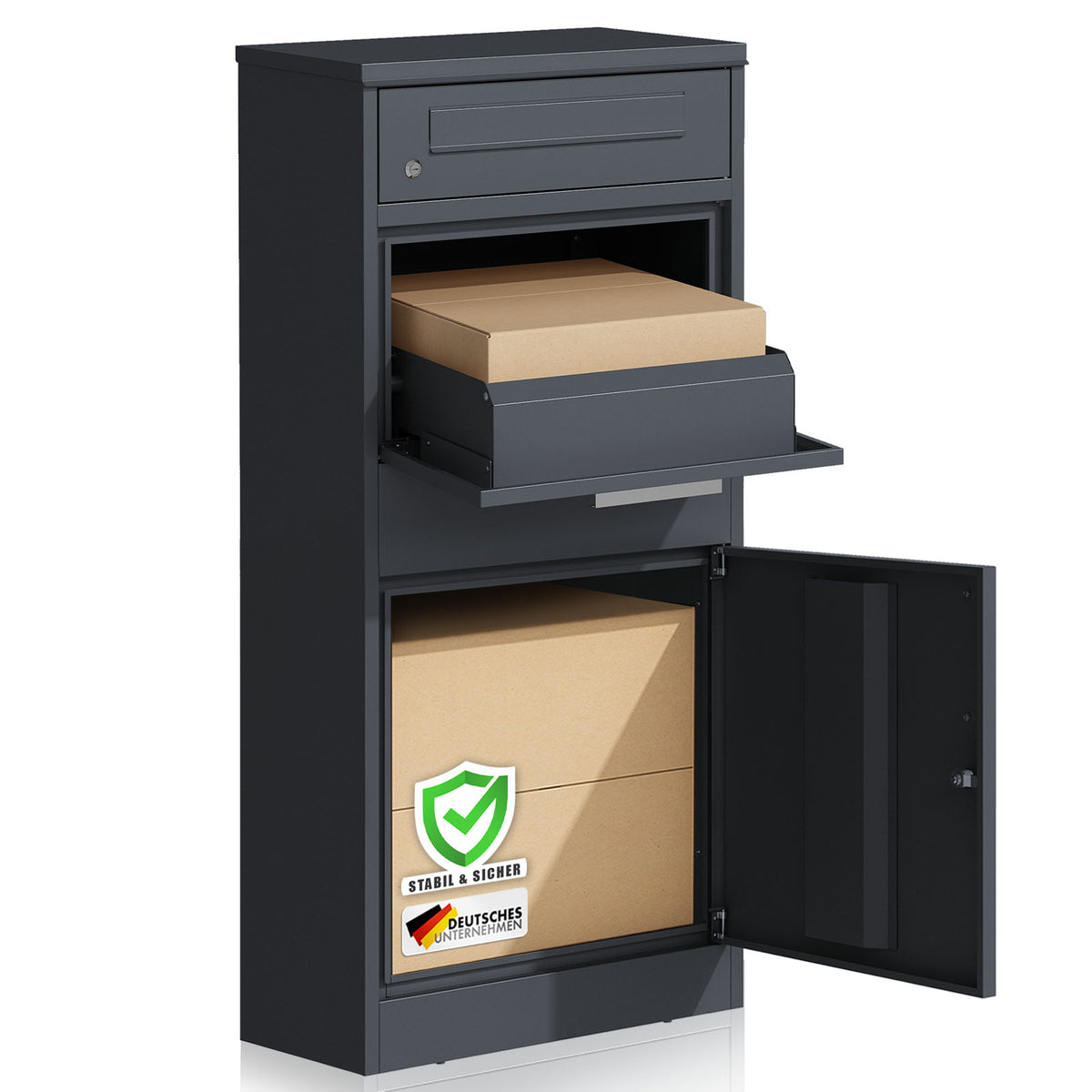 Boîte à paquets avec boîte aux lettres | François | Boîte à paquets étanche en acier, verrouillable & autoportante en anthracite