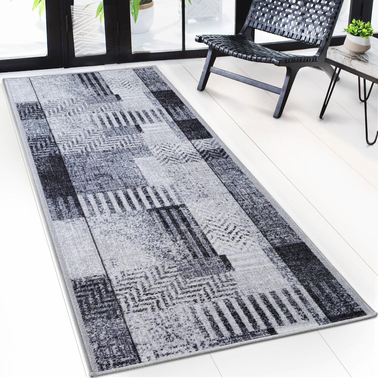 ✂ Tapis sur mesure | Cordoba | tons gris avec motifs | antidérapant & robuste | 80 cm de large