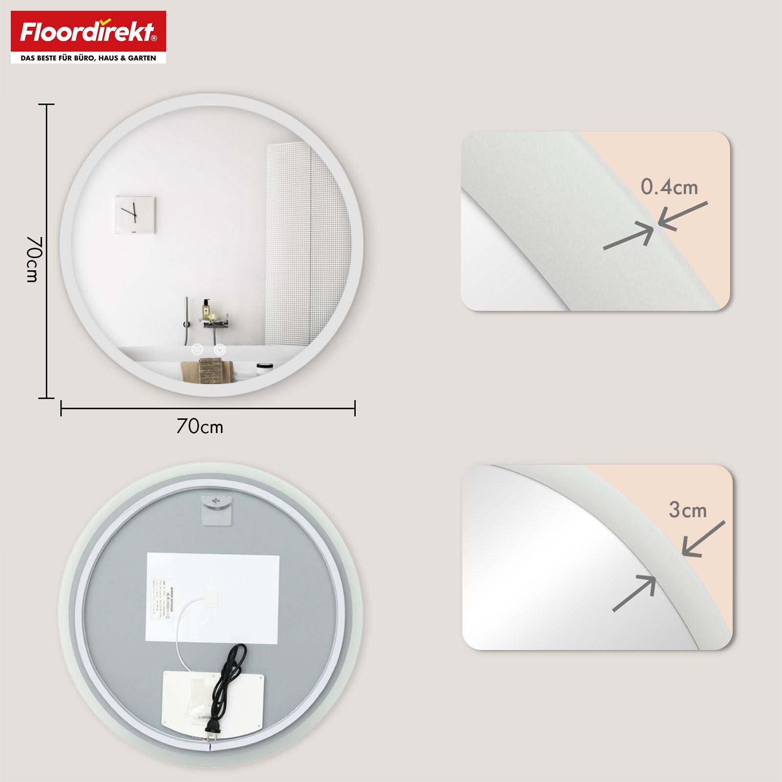 Miroir de salle de bain avec éclairage LED | Liora | Commande tactile avec anti-buée et 3 couleurs de lumière au choix | Disponible en différentes tailles