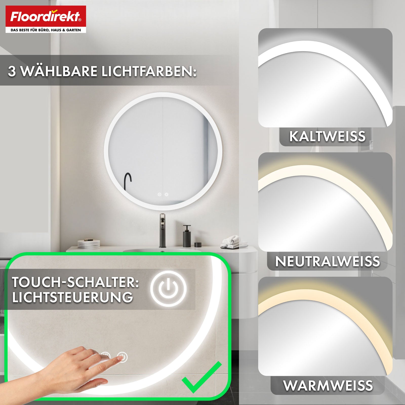 Miroir de salle de bain avec éclairage LED | Liora | Commande tactile avec anti-buée et 3 couleurs de lumière au choix | Disponible en différentes tailles
