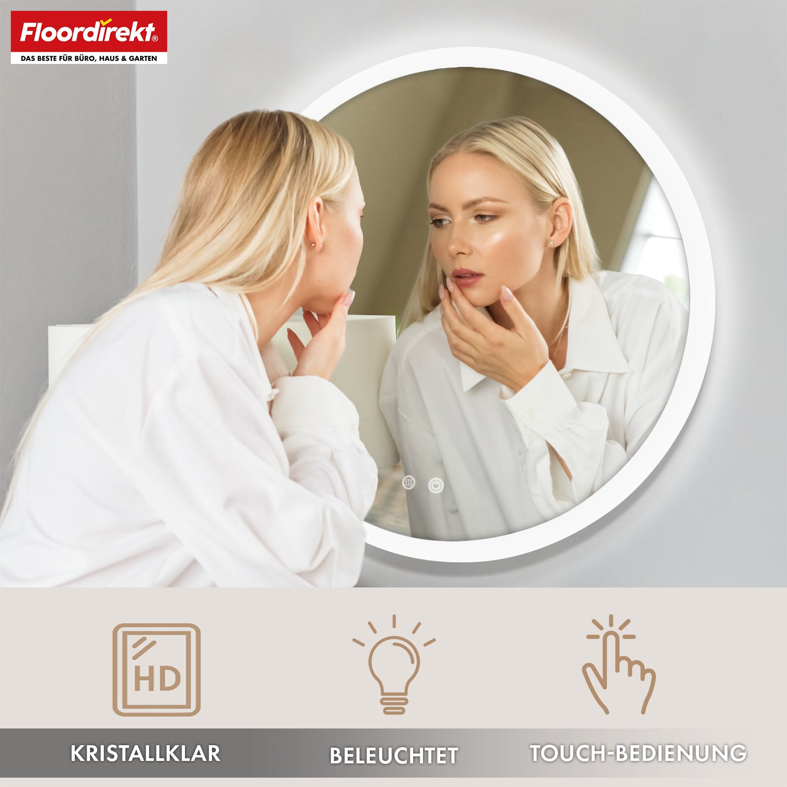 Miroir de salle de bain avec éclairage LED | Liora | Commande tactile avec anti-buée et 3 couleurs de lumière au choix | Disponible en différentes tailles