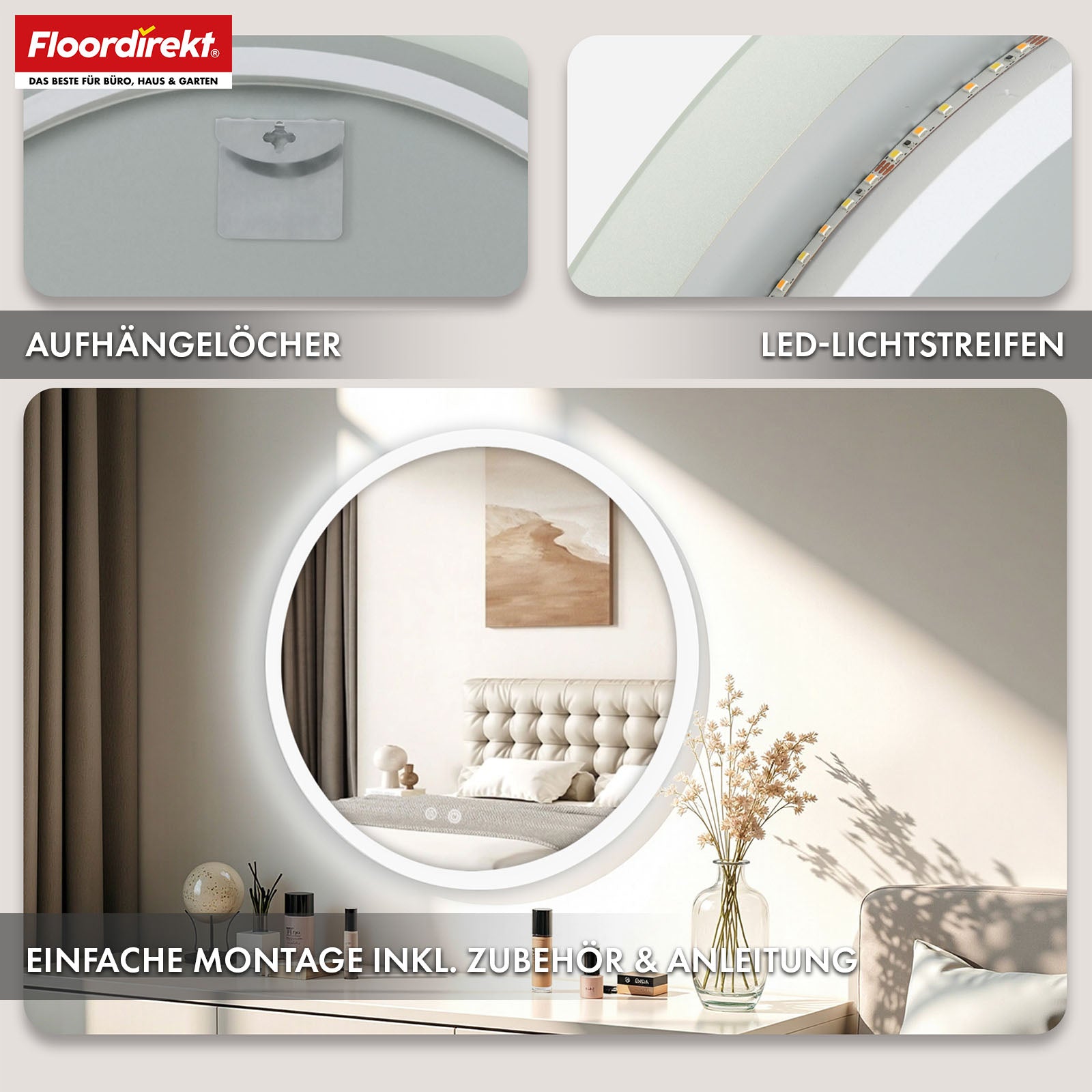 Miroir de salle de bain avec éclairage LED | Liora | Commande tactile avec anti-buée et 3 couleurs de lumière au choix | Disponible en différentes tailles