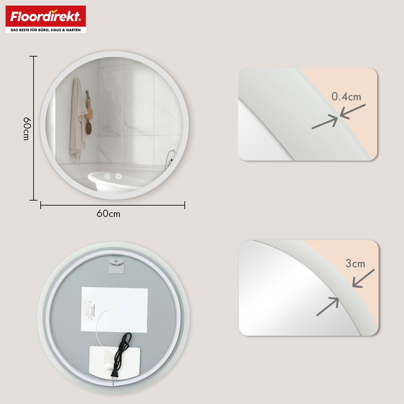 Miroir de salle de bain avec éclairage LED | Liora | Commande tactile avec anti-buée et 3 couleurs de lumière au choix | Disponible en différentes tailles