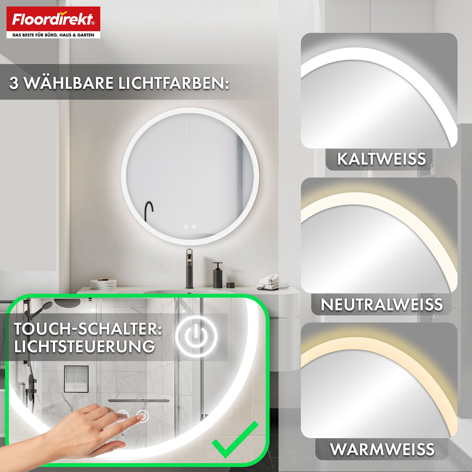 Miroir de salle de bain avec éclairage LED | Liora | Commande tactile avec anti-buée et 3 couleurs de lumière au choix | Disponible en différentes tailles