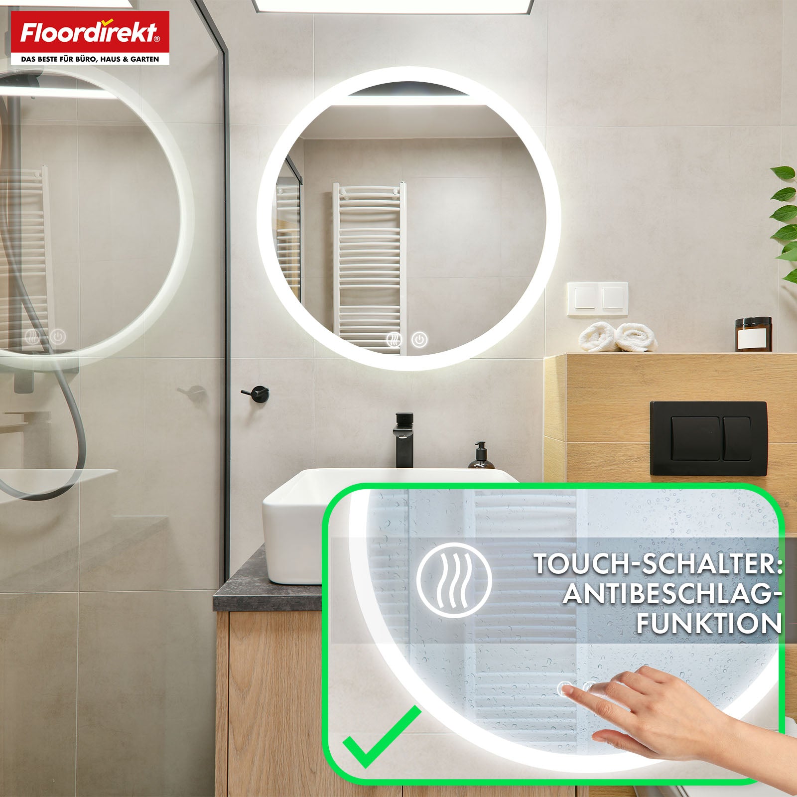 Miroir de salle de bain avec éclairage LED | Liora | Commande tactile avec anti-buée et 3 couleurs de lumière au choix | Disponible en différentes tailles