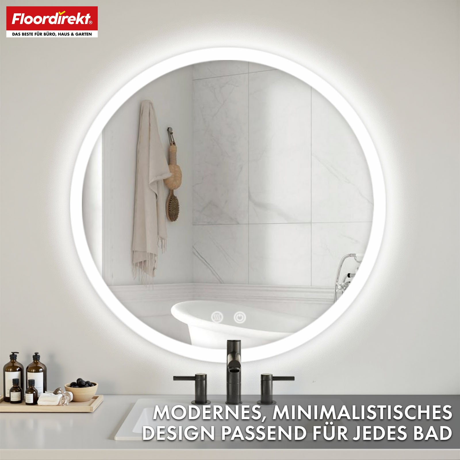 Miroir de salle de bain avec éclairage LED | Liora | Commande tactile avec anti-buée et 3 couleurs de lumière au choix | Disponible en différentes tailles