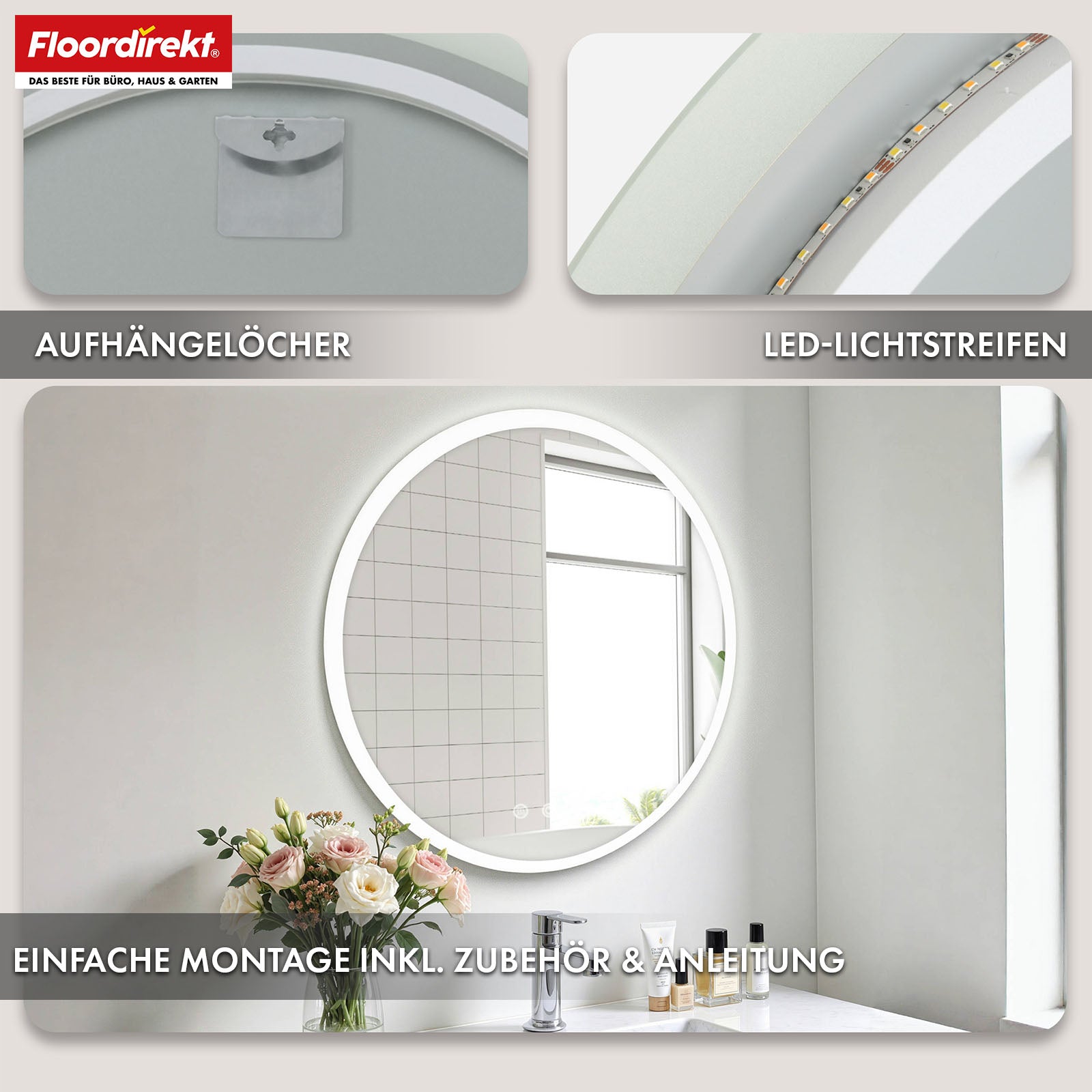 Miroir de salle de bain avec éclairage LED | Liora | Commande tactile avec anti-buée et 3 couleurs de lumière au choix | Disponible en différentes tailles
