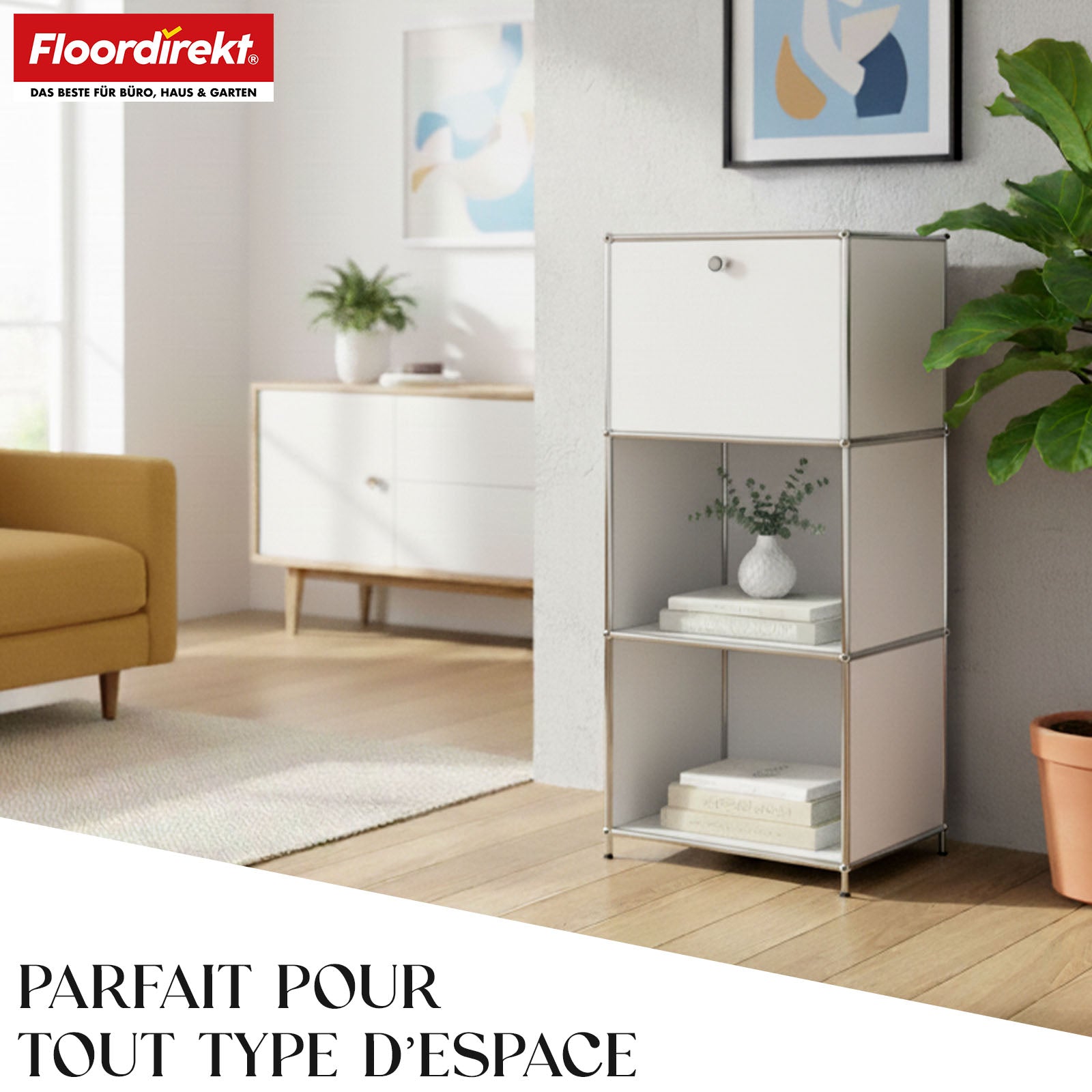 Étagère métallique | Concept Epure MK-107 | Étagère de rangement à 4 niveaux avec compartiment verrouillable et tablettes | Disponible en plusieurs couleurs