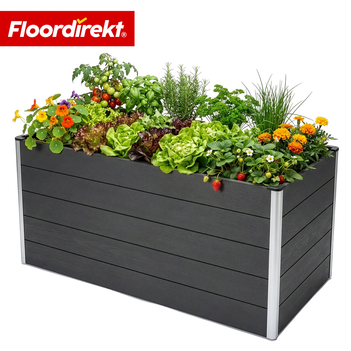Bac surélevé en WPC | Kasos | 150 x 70 x 75 cm | Anthracite | Résistant aux intempéries, ergonomique & durable | Fond ouvert pour éviter l'accumulation d'eau