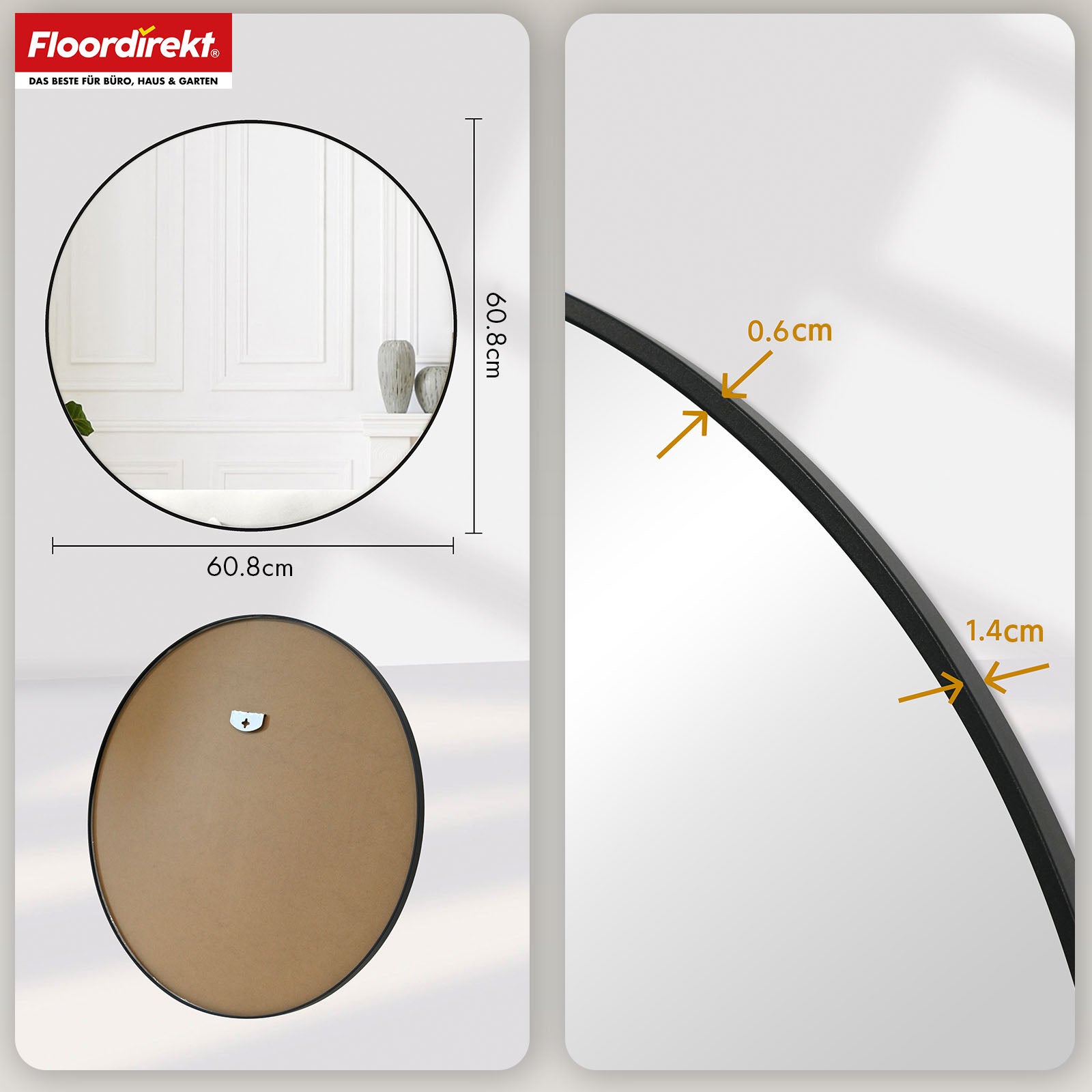 Miroir mural | Bella | Miroir rond avec cadre noir en alliage d'aluminium | Disponible en différentes tailles