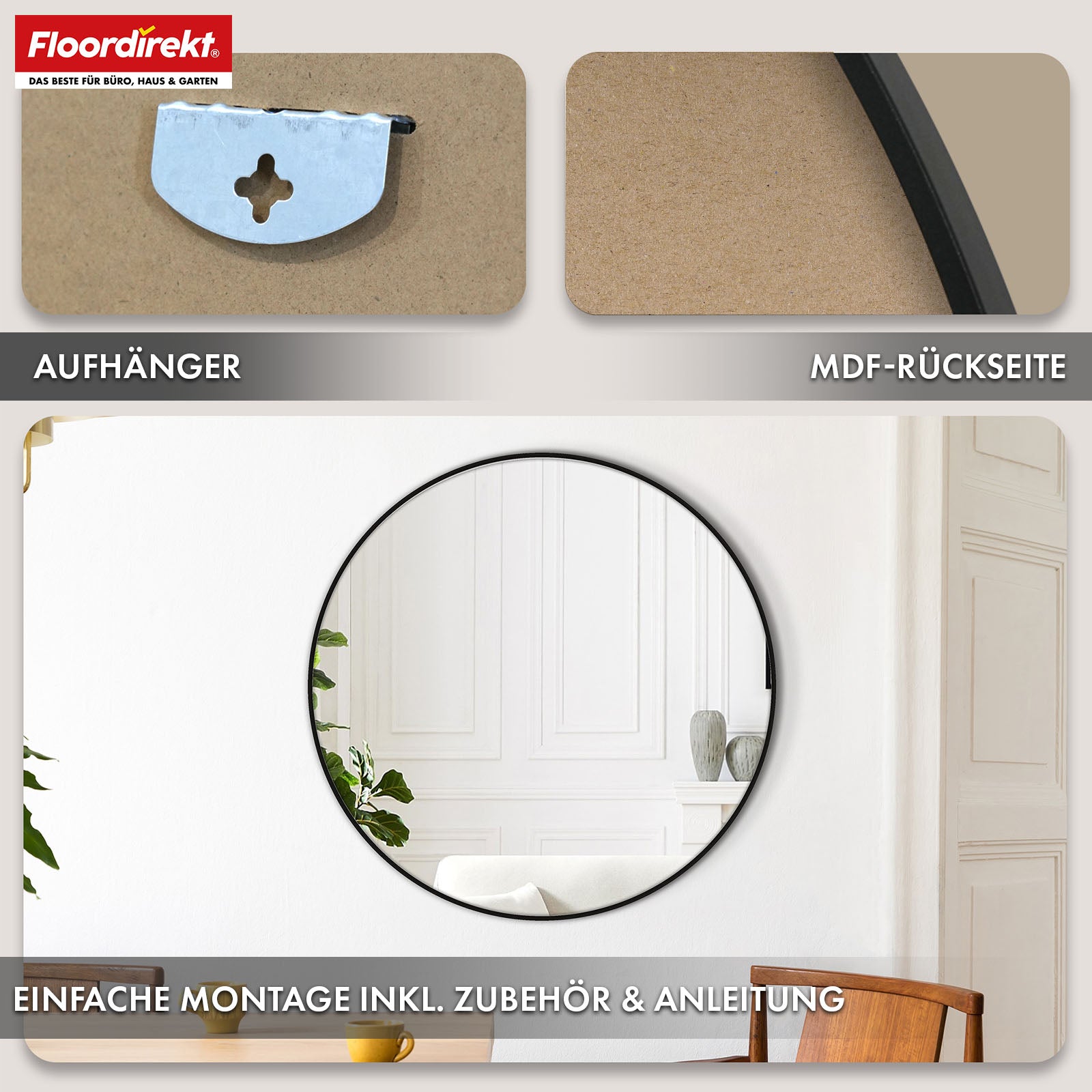 Miroir mural | Bella | Miroir rond avec cadre noir en alliage d'aluminium | Disponible en différentes tailles