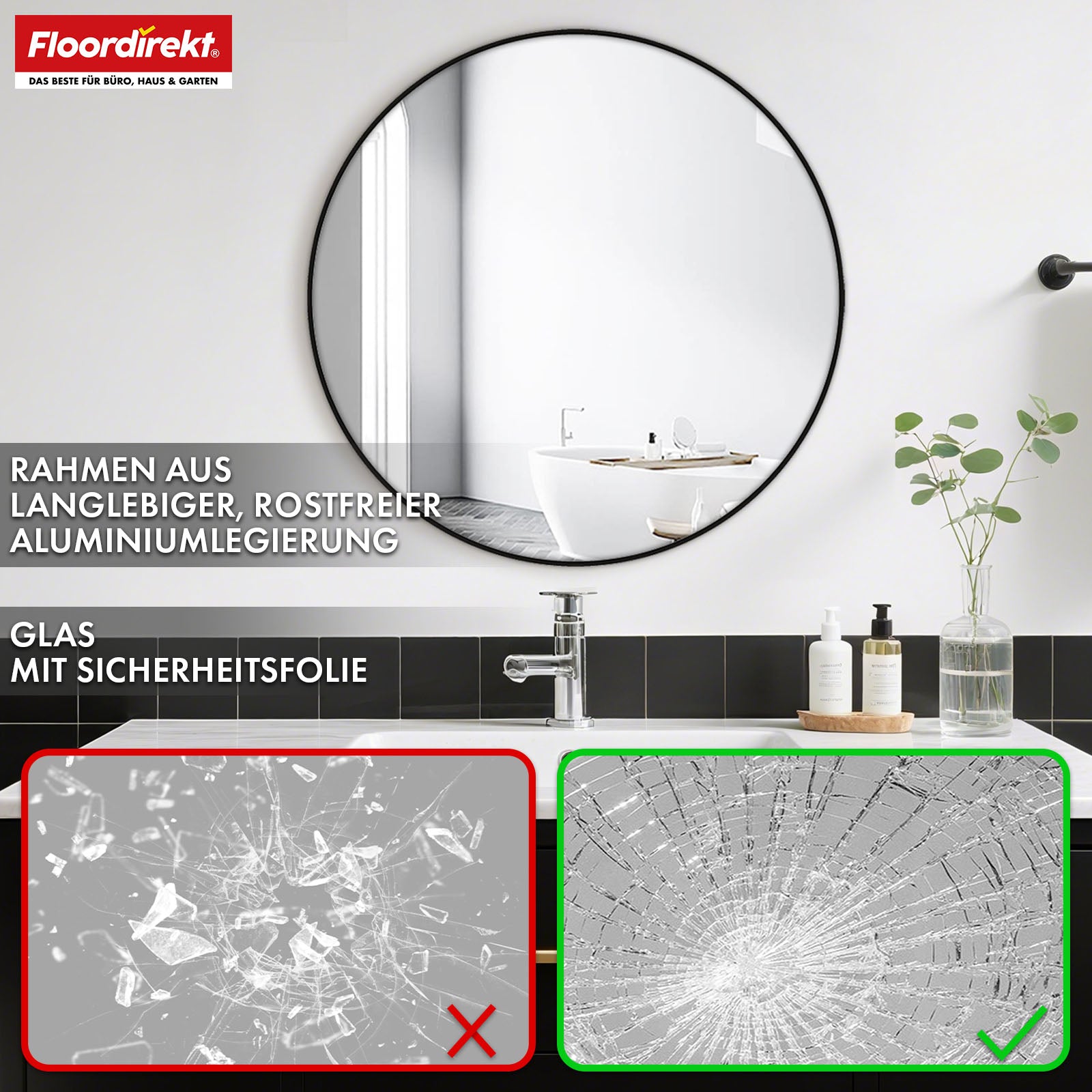 Miroir mural | Bella | Miroir rond avec cadre noir en alliage d'aluminium | Disponible en différentes tailles