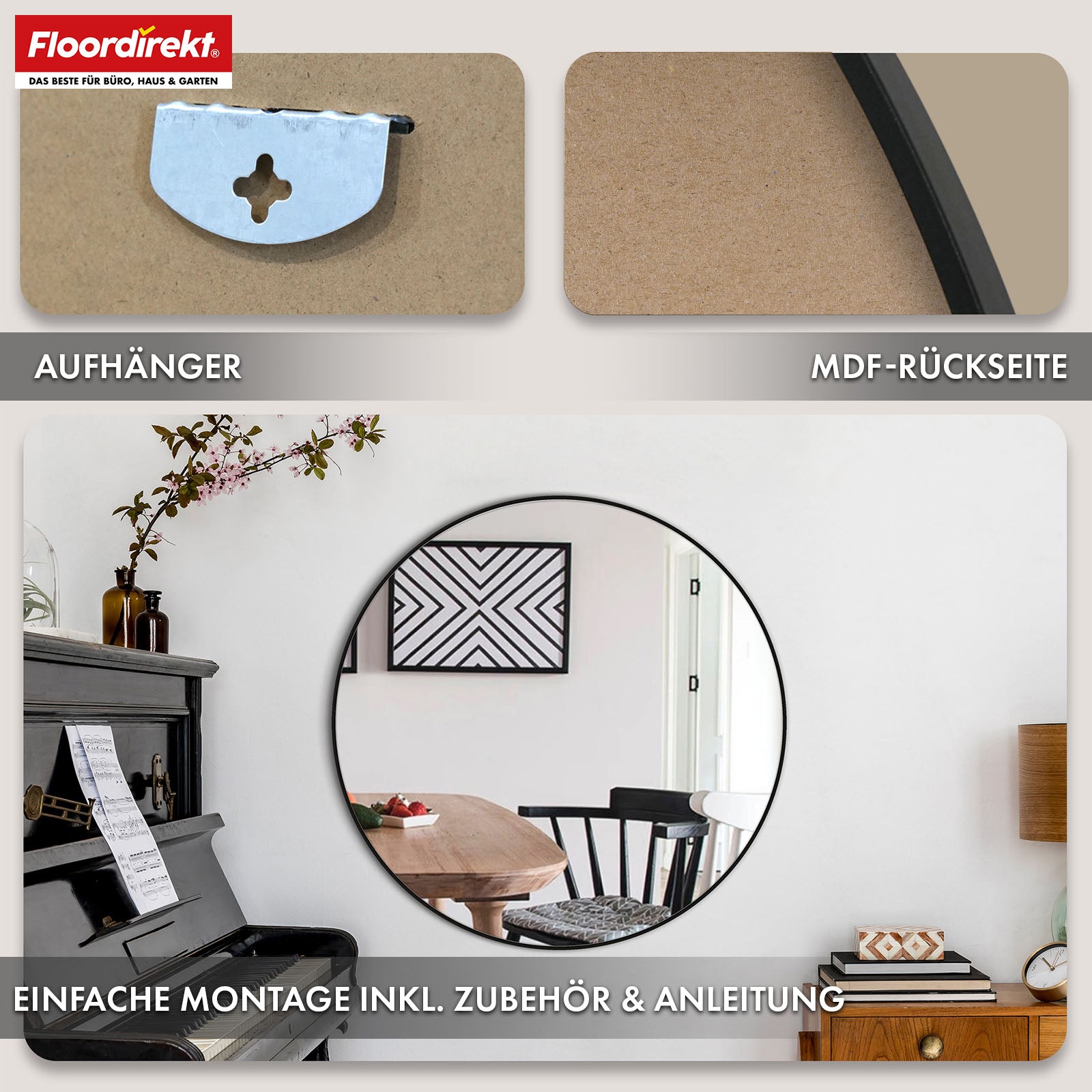 Miroir mural | Bella | Miroir rond avec cadre noir en alliage d'aluminium | Disponible en différentes tailles