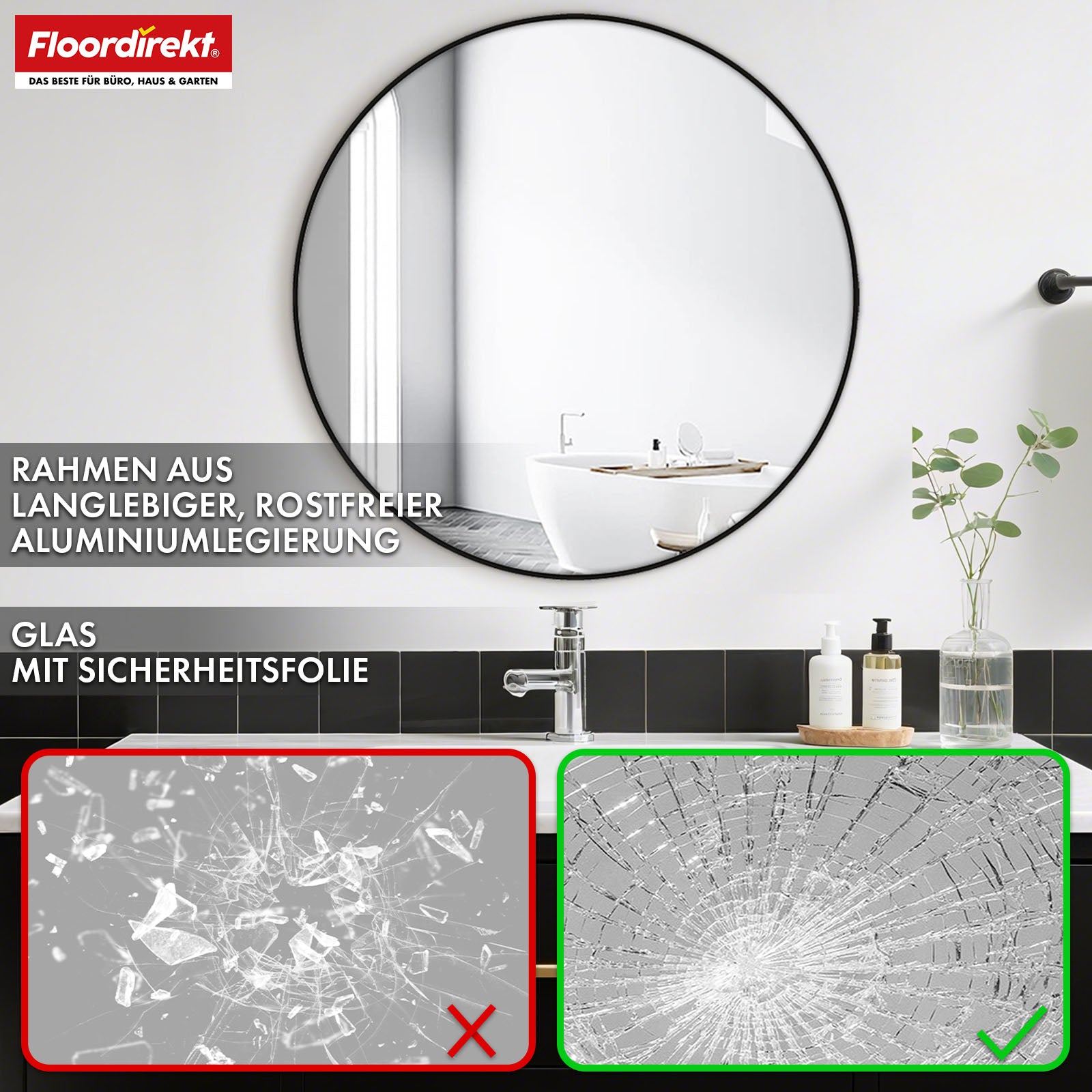 Miroir mural | Bella | Miroir rond avec cadre noir en alliage d'aluminium | Disponible en différentes tailles