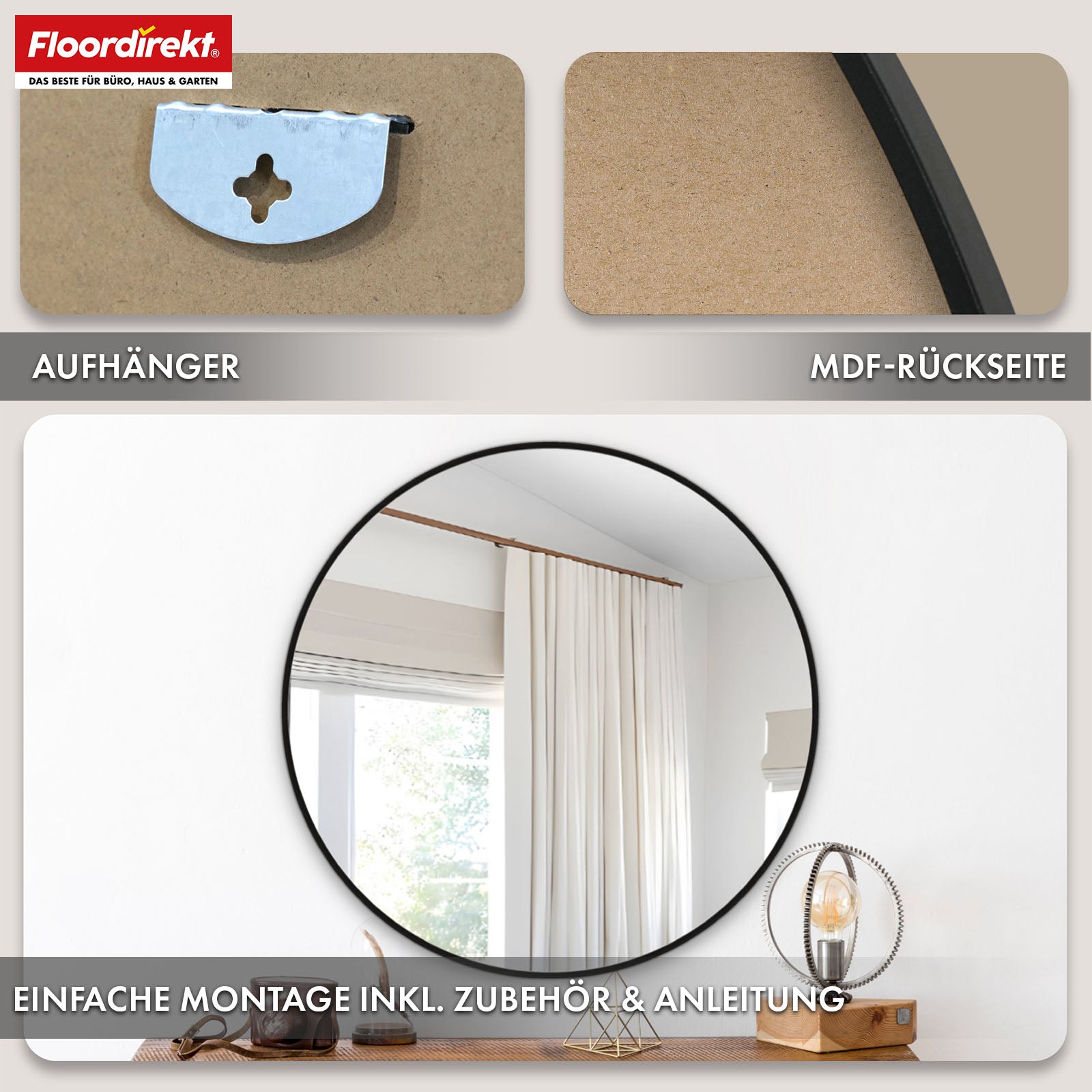 Miroir mural | Bella | Miroir rond avec cadre noir en alliage d'aluminium | Disponible en différentes tailles