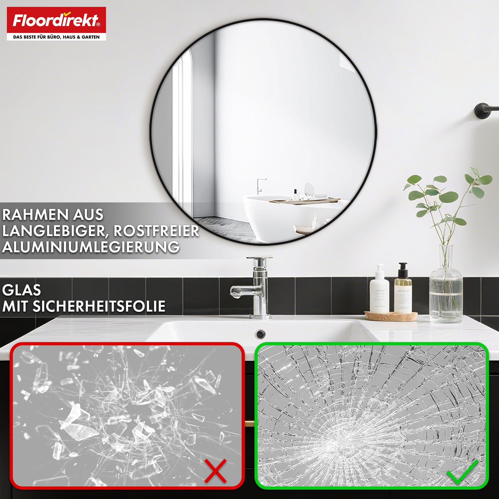 Miroir mural | Bella | Miroir rond avec cadre noir en alliage d'aluminium | Disponible en différentes tailles