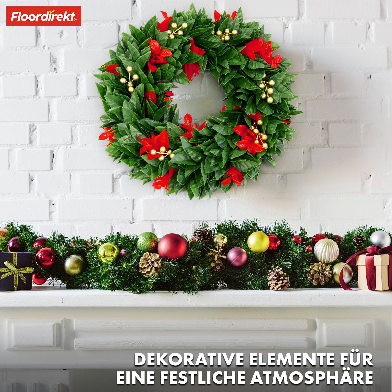 Couronne de Noël | Photinia | Couronne décorative de feuilles de Photinia et d'éléments festifs pour votre décoration de Noël