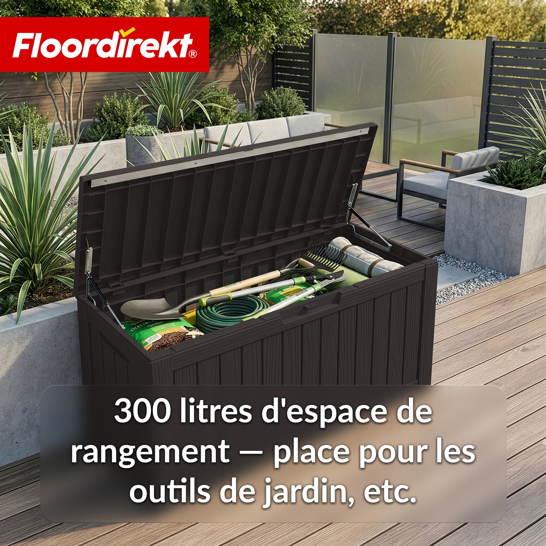 Coffre de jardin aspect bois | Coffre de rangement extérieur résistant aux intempéries pour terrasse et balcon | 118L / 270L / 300L