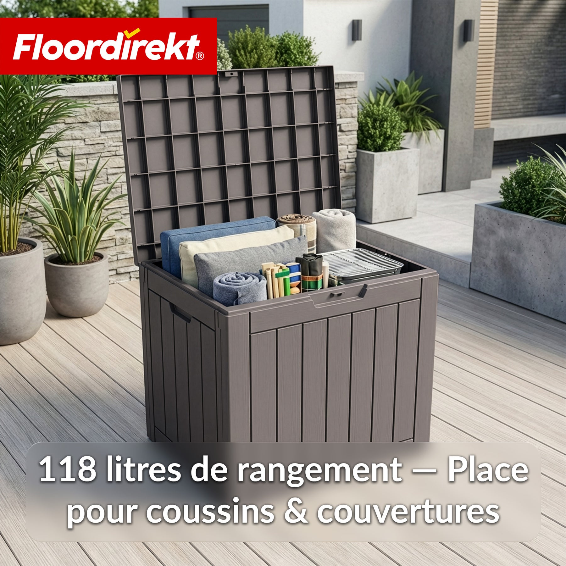 Coffre de jardin aspect bois | Coffre de rangement extérieur résistant aux intempéries pour terrasse et balcon | 118L / 270L / 300L