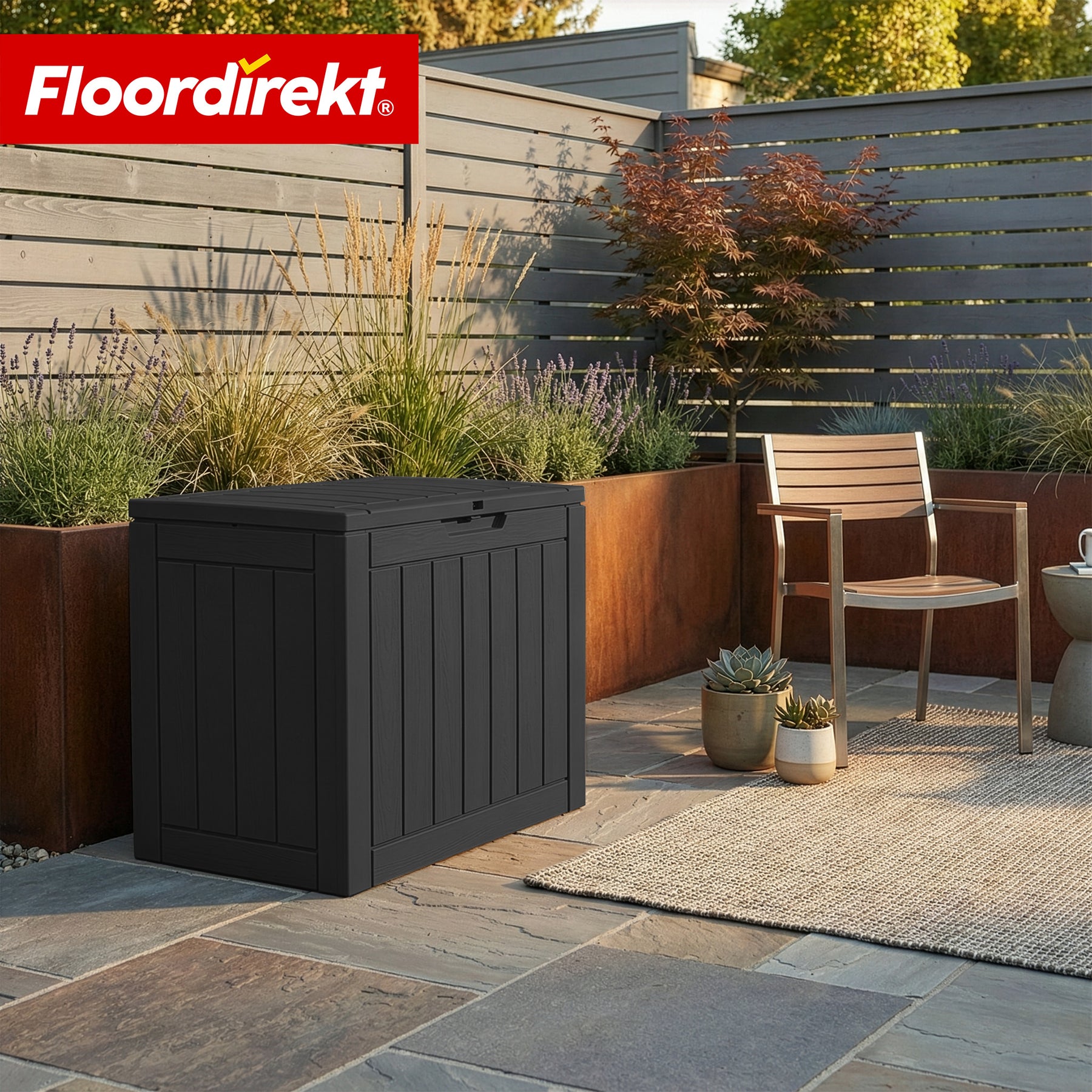 Coffre de jardin aspect bois | Coffre de rangement extérieur résistant aux intempéries pour terrasse et balcon | 118L / 270L / 300L