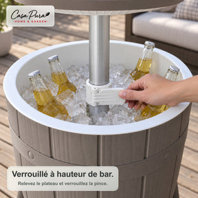 Table glacière | Bora | Table de jardin réglable en hauteur avec bac réfrigérant de 37 L, effet tonneau | 2 coloris