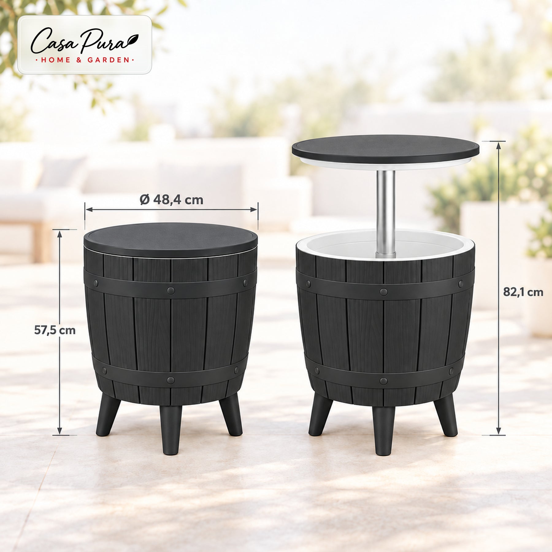 Table glacière | Bora | Table de jardin réglable en hauteur avec bac réfrigérant de 37 L, effet tonneau | 2 coloris