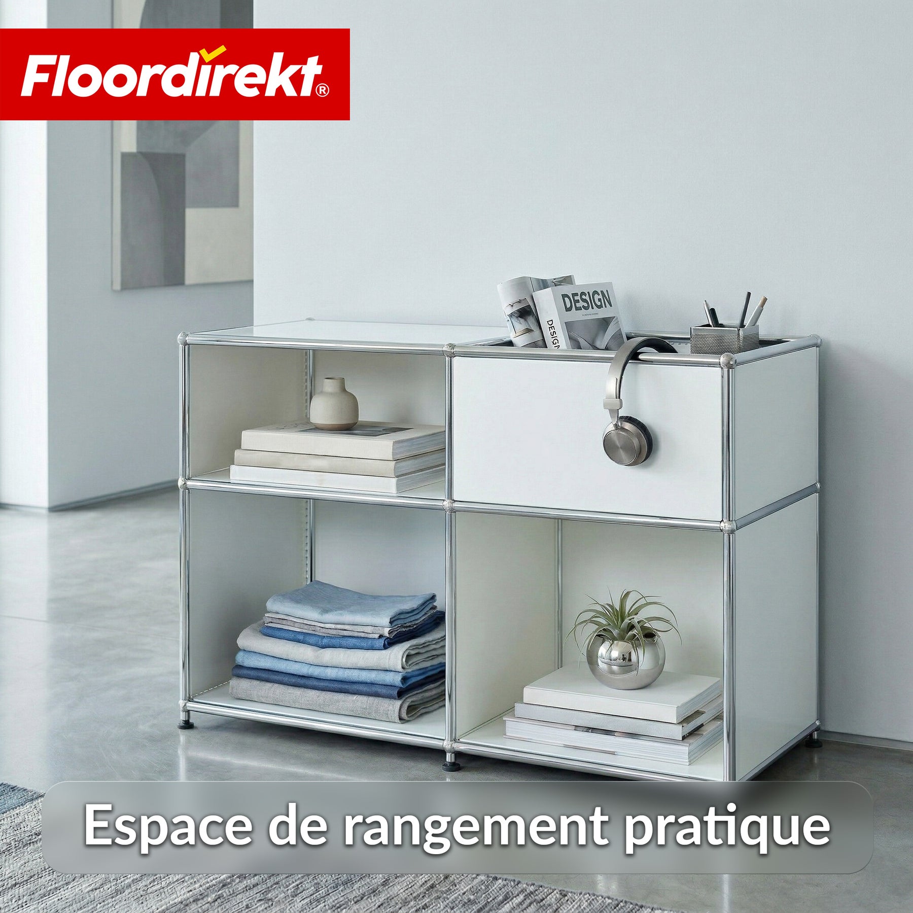 Étagère métallique | Concept Epure MK-030 | Étagère sur pied avec 3 niveaux & compartiment de rangement | Étagère cuisine, bureau & salon