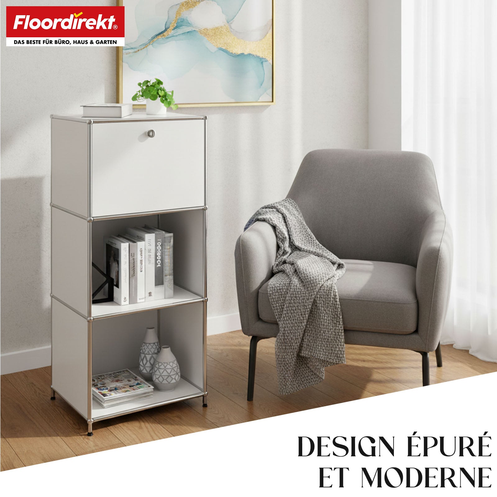 Étagère métallique | Concept Epure MK-107 | Étagère de rangement à 4 niveaux avec compartiment verrouillable et tablettes | Disponible en plusieurs couleurs