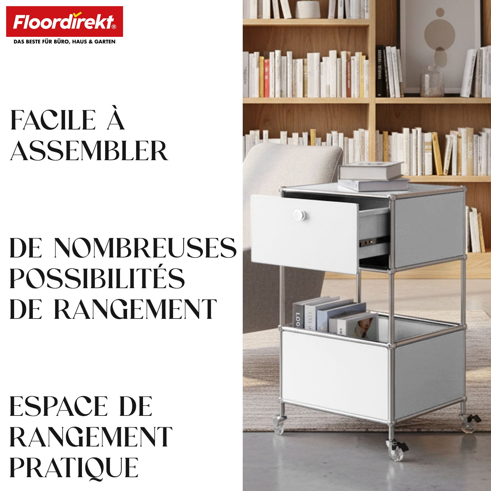 Étagère métallique | Concept Epure MK-145 | Caisson à roulettes à 3 niveaux avec tiroir et étagères | Disponible en plusieurs couleurs