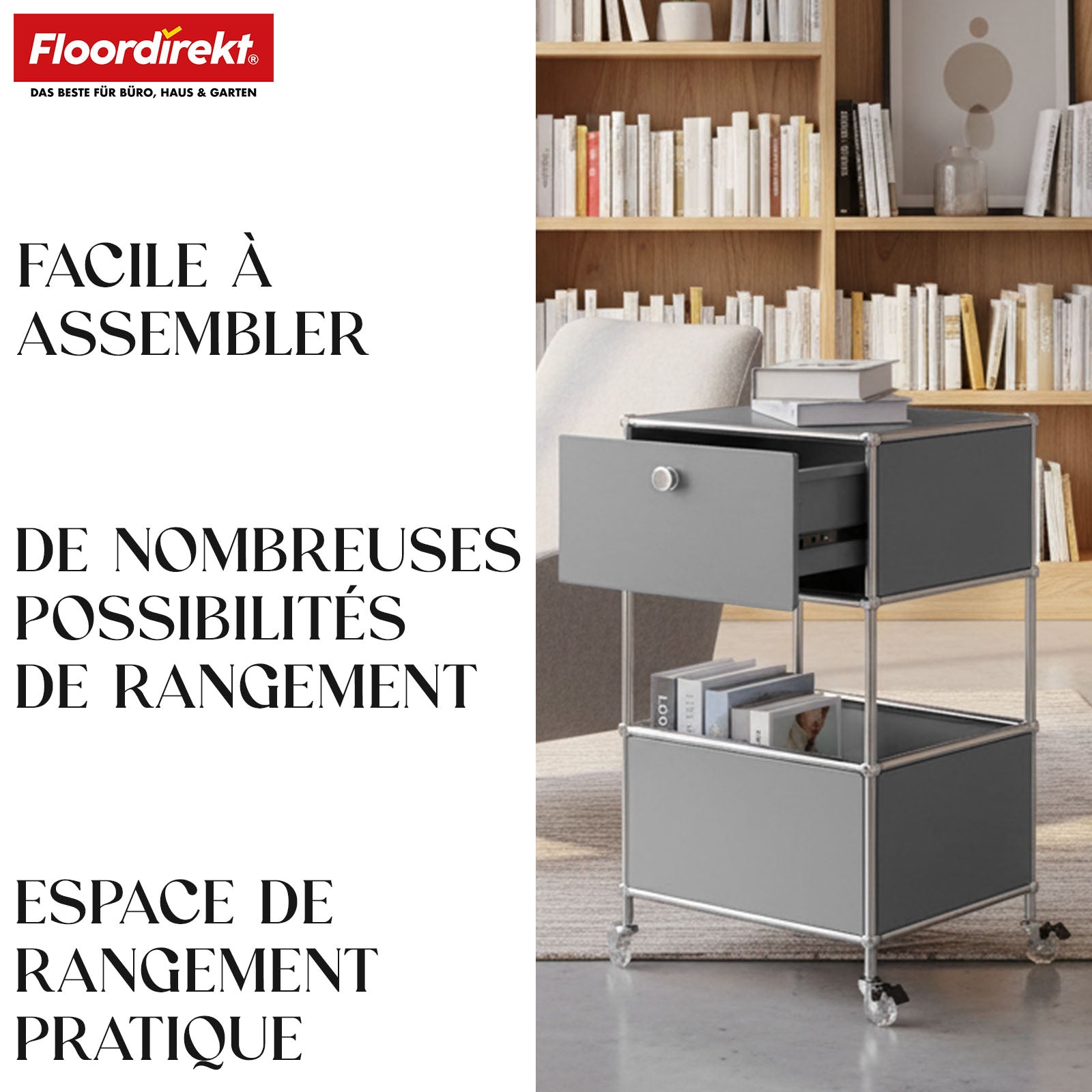 Étagère métallique | Concept Epure MK-145 | Caisson à roulettes à 3 niveaux avec tiroir et étagères | Disponible en plusieurs couleurs