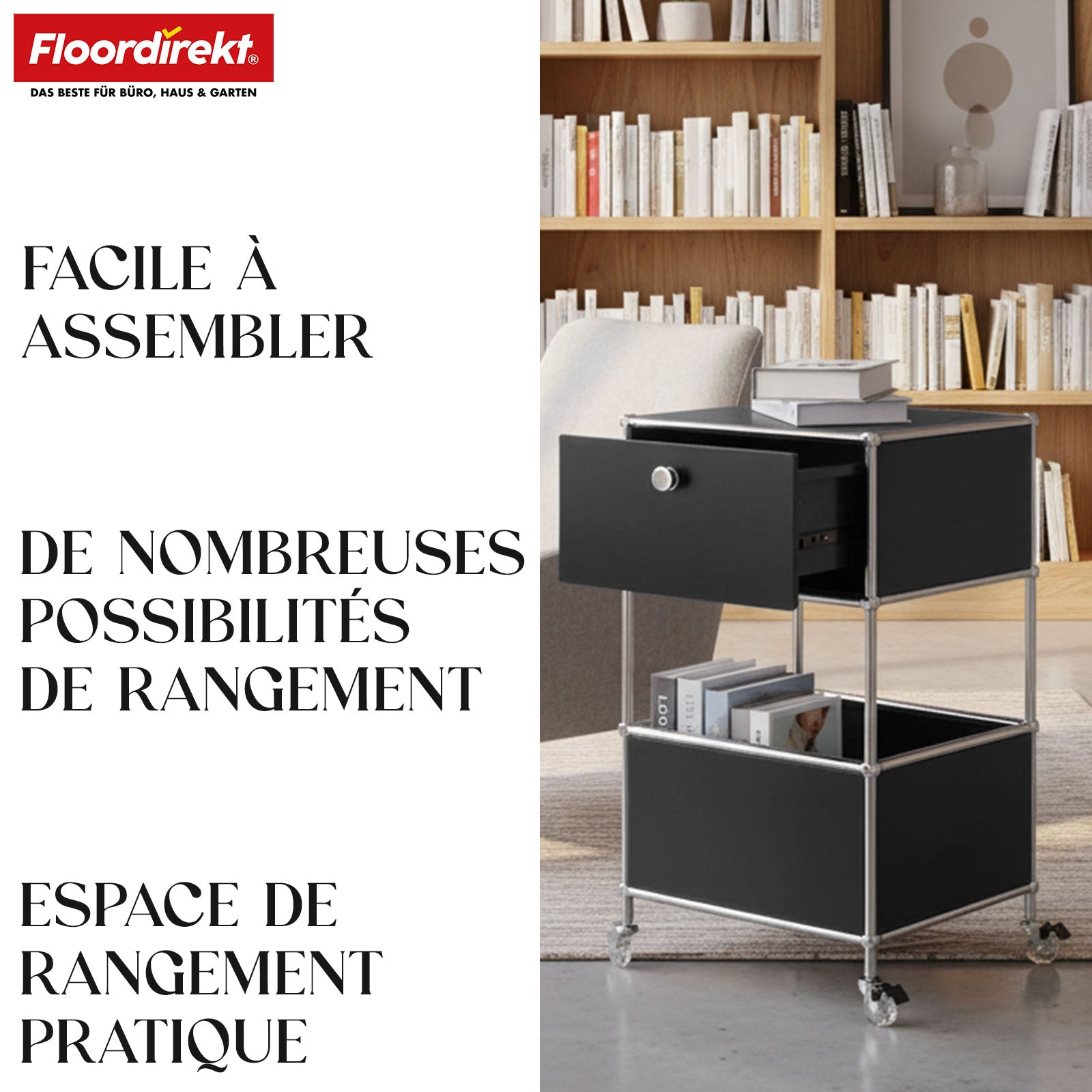 Étagère métallique | Concept Epure MK-145 | Caisson à roulettes à 3 niveaux avec tiroir et étagères | Disponible en plusieurs couleurs