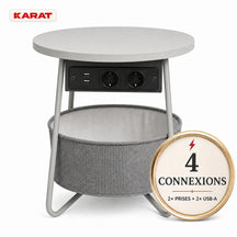 Table d’appoint | Dario | Table ronde avec 2 prises, 2 ports USB-A & panier de rangement | Ø 45 cm | 4 coloris