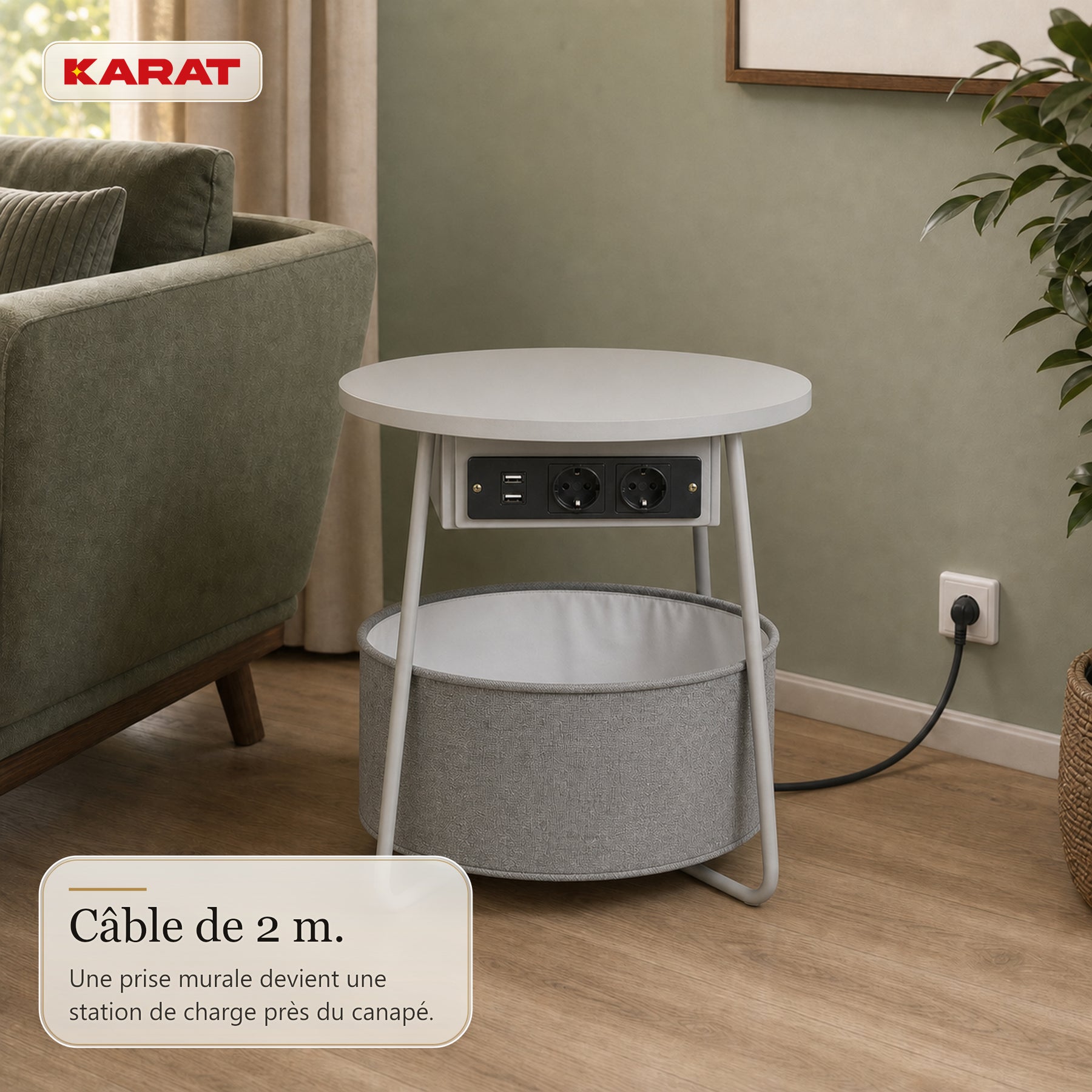 Table d’appoint | Dario | Table ronde avec 2 prises, 2 ports USB-A & panier de rangement | Ø 45 cm | 4 coloris