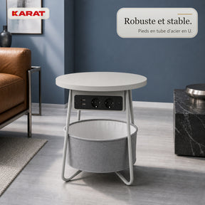 Table d’appoint | Dario | Table ronde avec 2 prises, 2 ports USB-A & panier de rangement | Ø 45 cm | 4 coloris