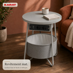 Table d’appoint | Dario | Table ronde avec 2 prises, 2 ports USB-A & panier de rangement | Ø 45 cm | 4 coloris