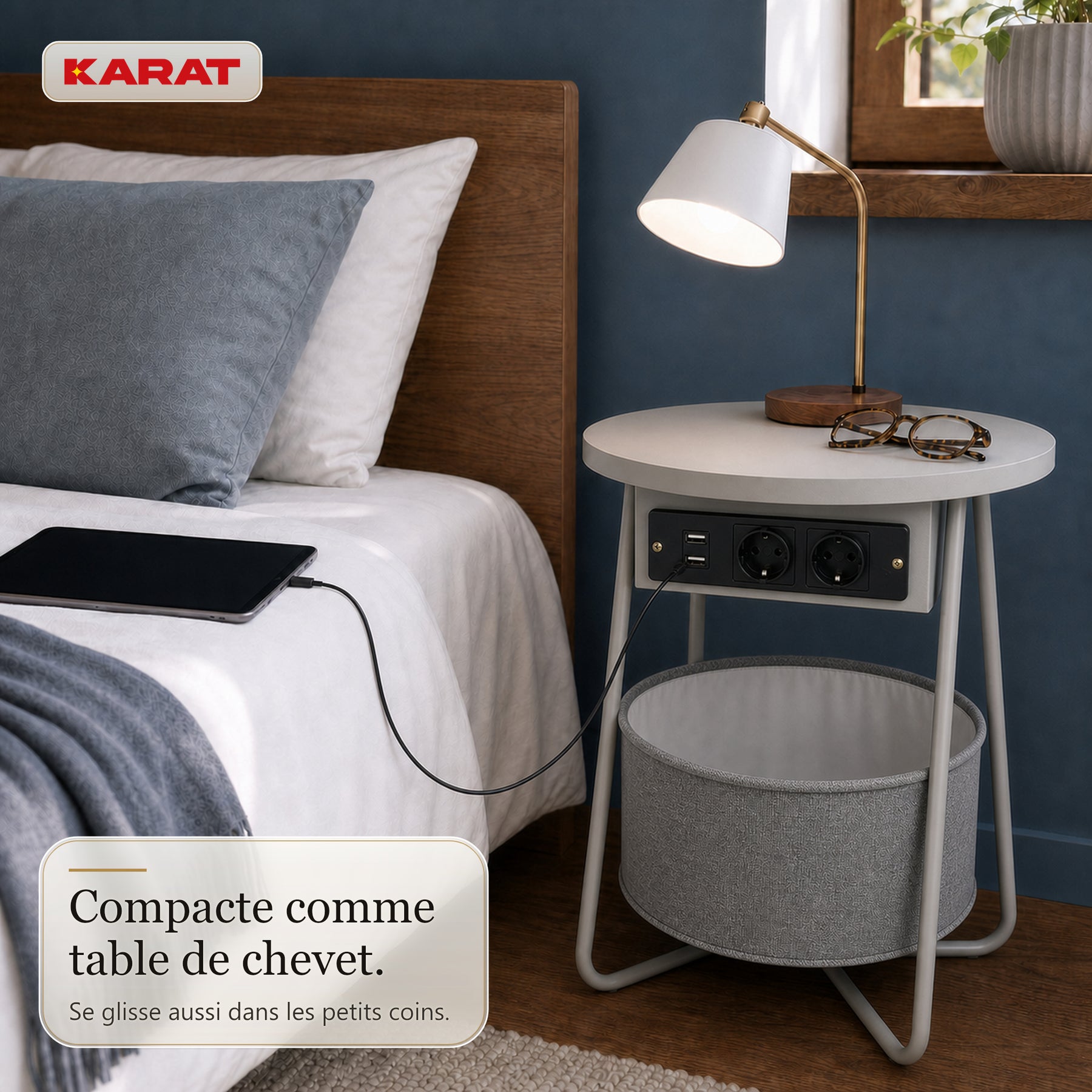 Table d’appoint | Dario | Table ronde avec 2 prises, 2 ports USB-A & panier de rangement | Ø 45 cm | 4 coloris