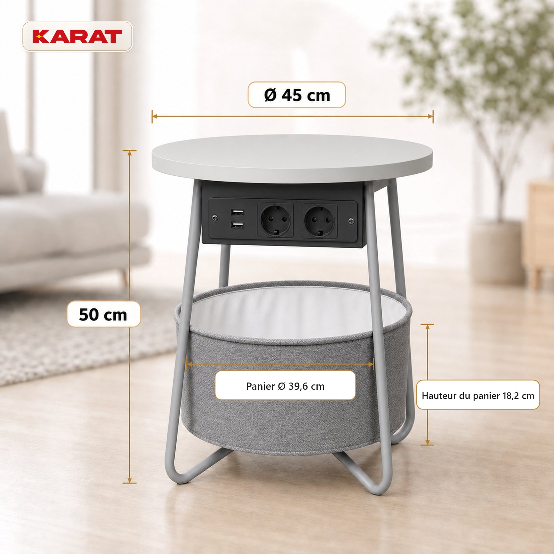 Table d’appoint | Dario | Table ronde avec 2 prises, 2 ports USB-A & panier de rangement | Ø 45 cm | 4 coloris