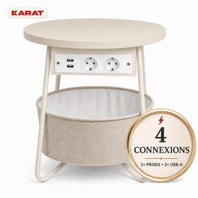 Table d’appoint | Dario | Table ronde avec 2 prises, 2 ports USB-A & panier de rangement | Ø 45 cm | 4 coloris